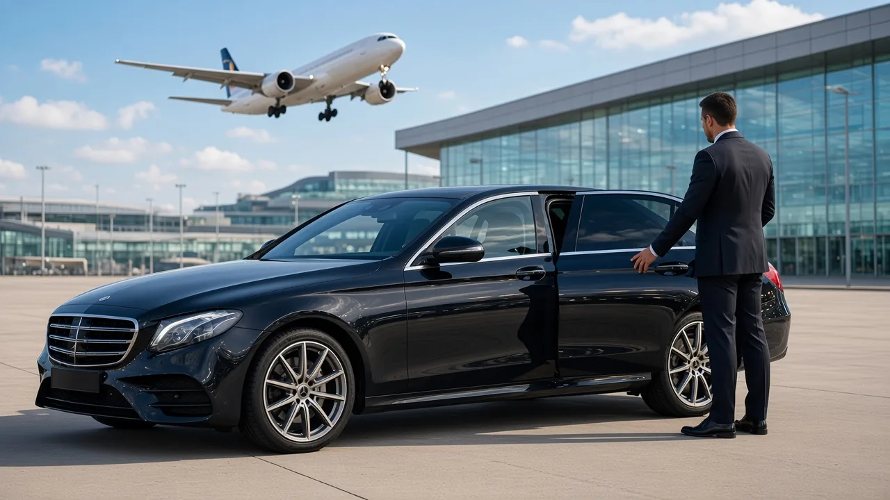 Chauffeur privé ALLOVTC à l’aéroport : berline noire, terminal et avion au décollage